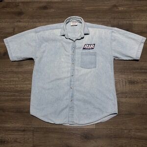 Crystal Springs Denim Shirt Mens Medium Light Blue Good RIR Racing Logo Vintage‎